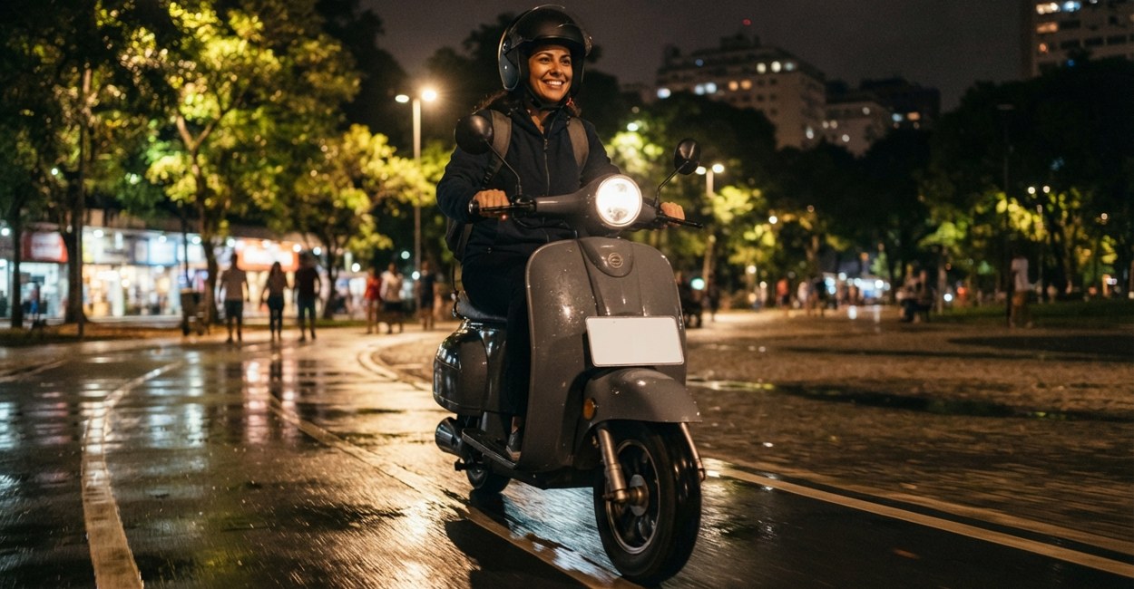 Mulher de capacete sorri pilotando uma scooter elétrica cinza de visual retrô numa avenida molhada à noite