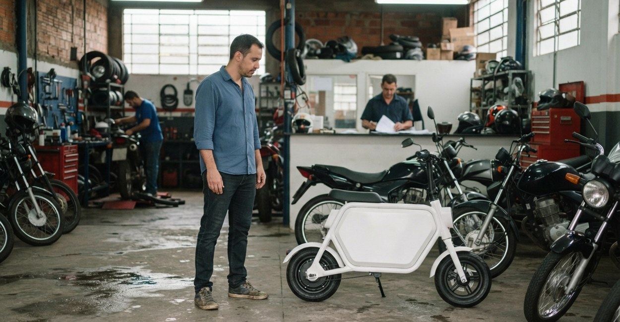 Homem olha com dúvida para uma scooter elétrica branca numa loja de motos