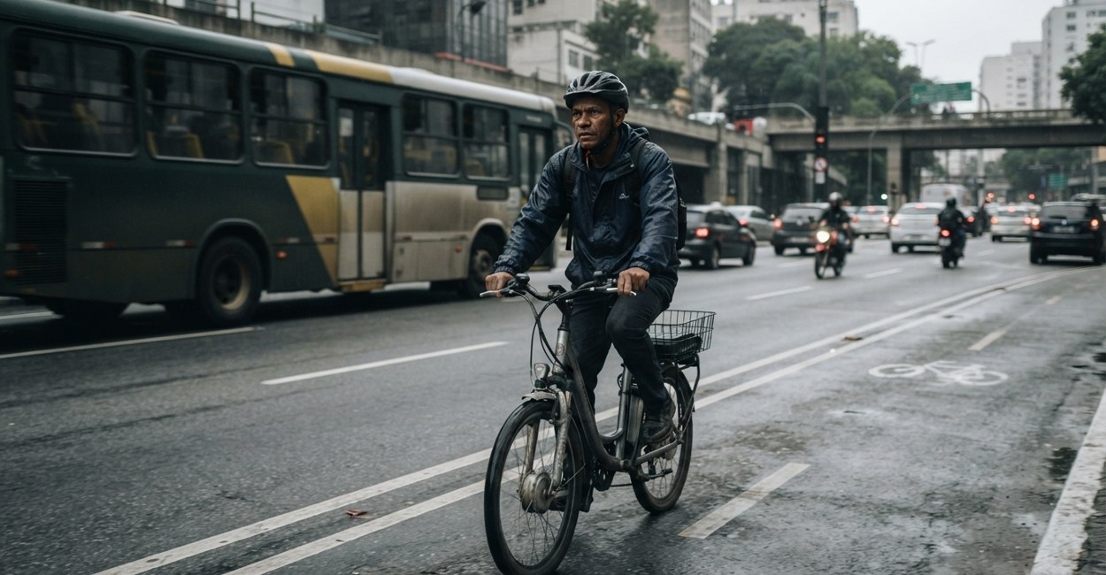 Homem pedala bike elétrica junto à margem da pista no sentido do trânsito em avenida de São Paulo
