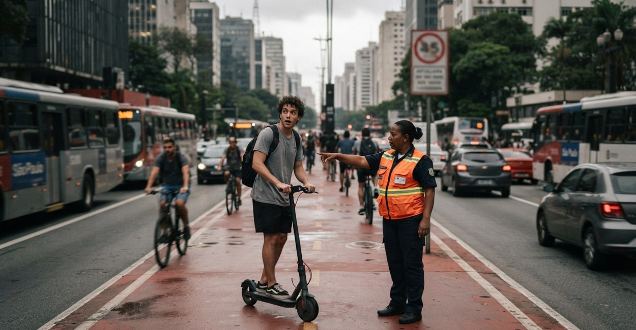 Jovem de patinete elétrico reduz na ciclofaixa enquanto agente de trânsito aponta a placa de 20 km/h em São Paulo