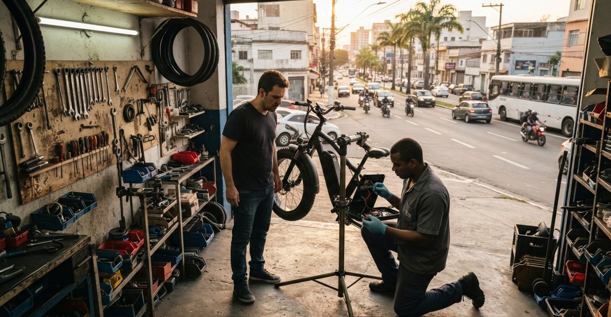 Técnico confere a bateria de uma fat bike elétrica no cavalete da bicicletaria enquanto o dono observa