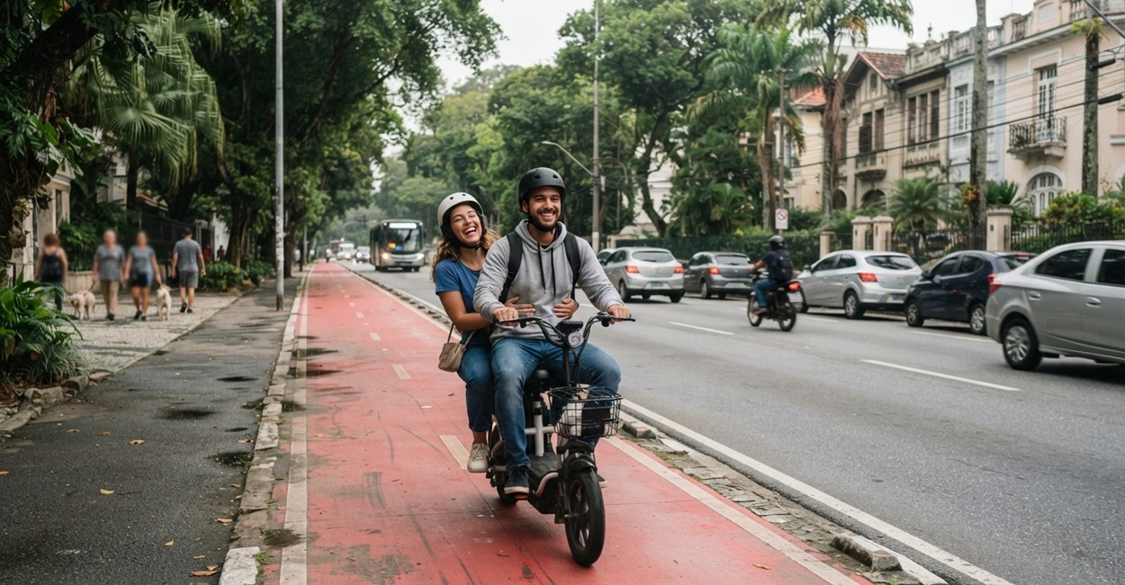 Casal de capacete sorri passeando numa scooter elétrica de dois lugares por uma ciclofaixa arborizada