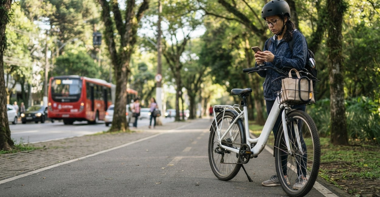 Mulher de capacete confere o celular ao lado de uma bicicleta elétrica branca numa ciclovia arborizada