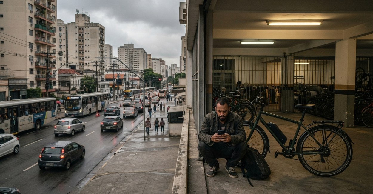 Homem preocupado olha o celular agachado ao lado de uma bicicleta elétrica urbana parada na garagem do prédio