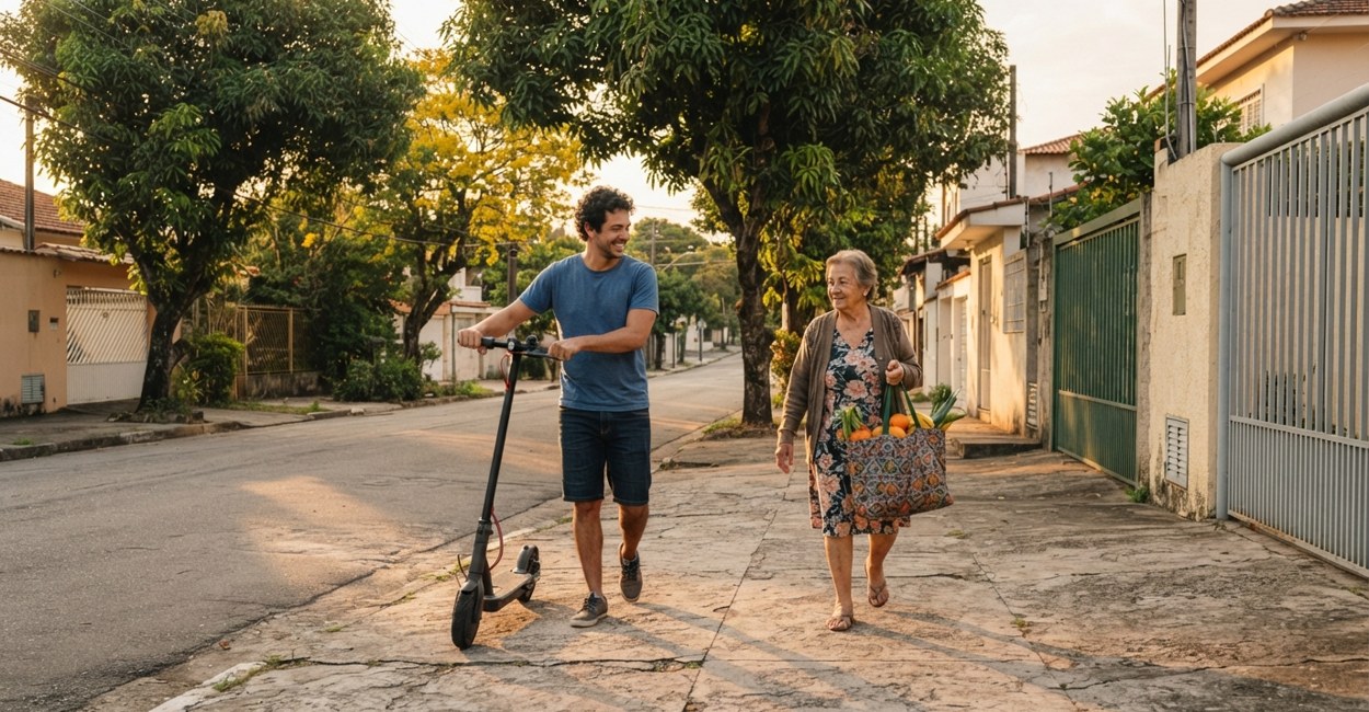 Homem empurra o patinete elétrico pela calçada e sorri ao dar passagem para uma senhora com sacola de feira