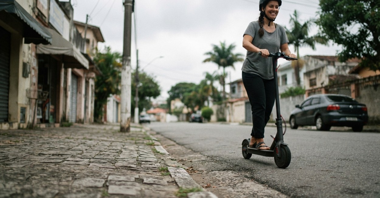 Mulher de capacete sorri ao conduzir o patinete elétrico junto ao meio-fio de uma rua residencial calma