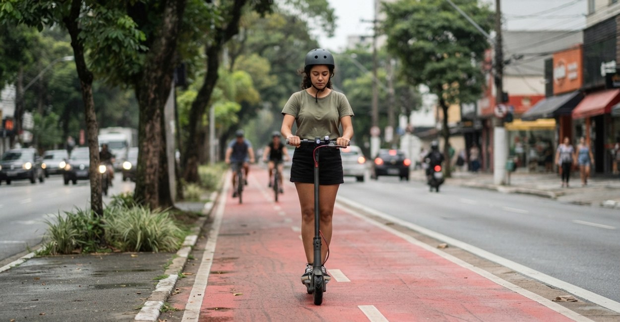 Jovem de capacete conduz um patinete elétrico devagar na ciclovia vermelha de uma avenida arborizada