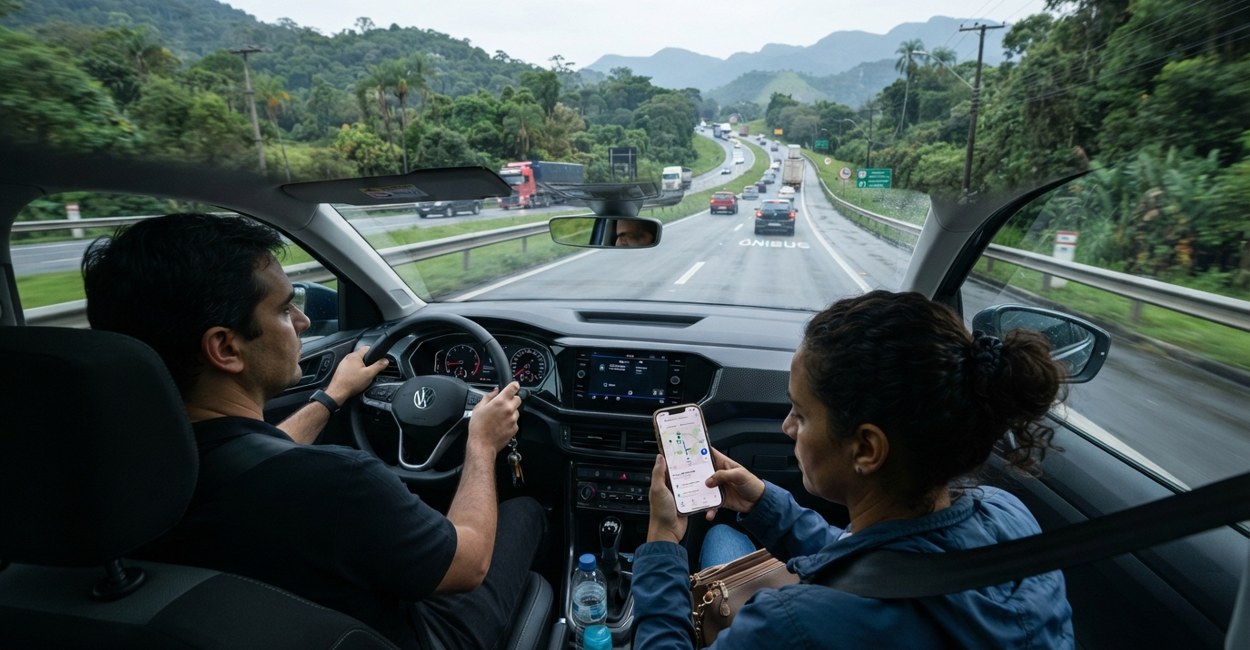 Passageira confere no celular o mapa de pontos de recarga durante viagem de carro elétrico pela rodovia