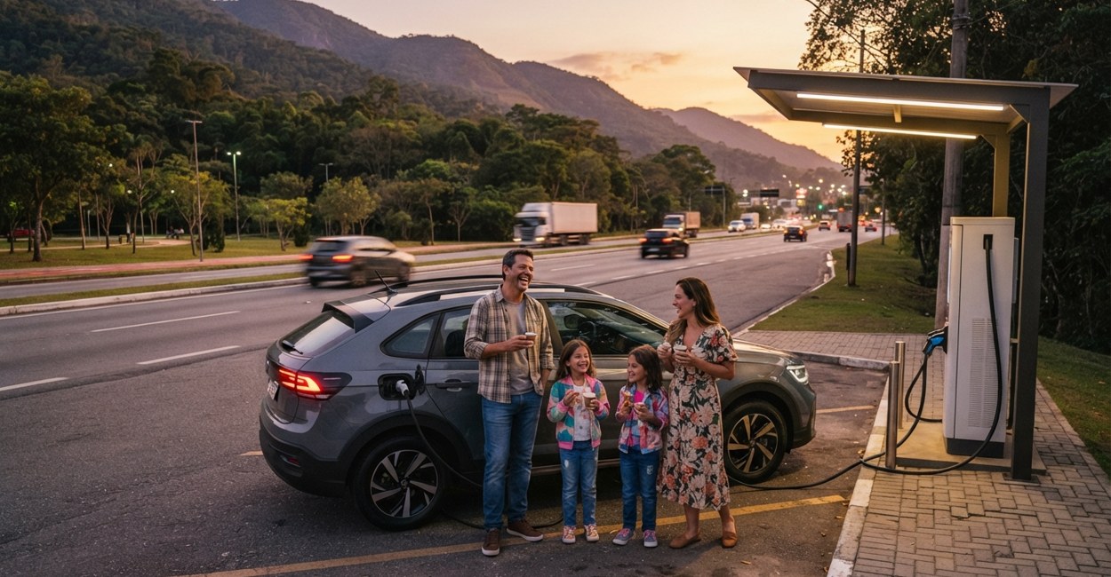 Família toma café sorrindo ao lado de um carro elétrico plugado num posto de recarga rápida à beira da rodovia