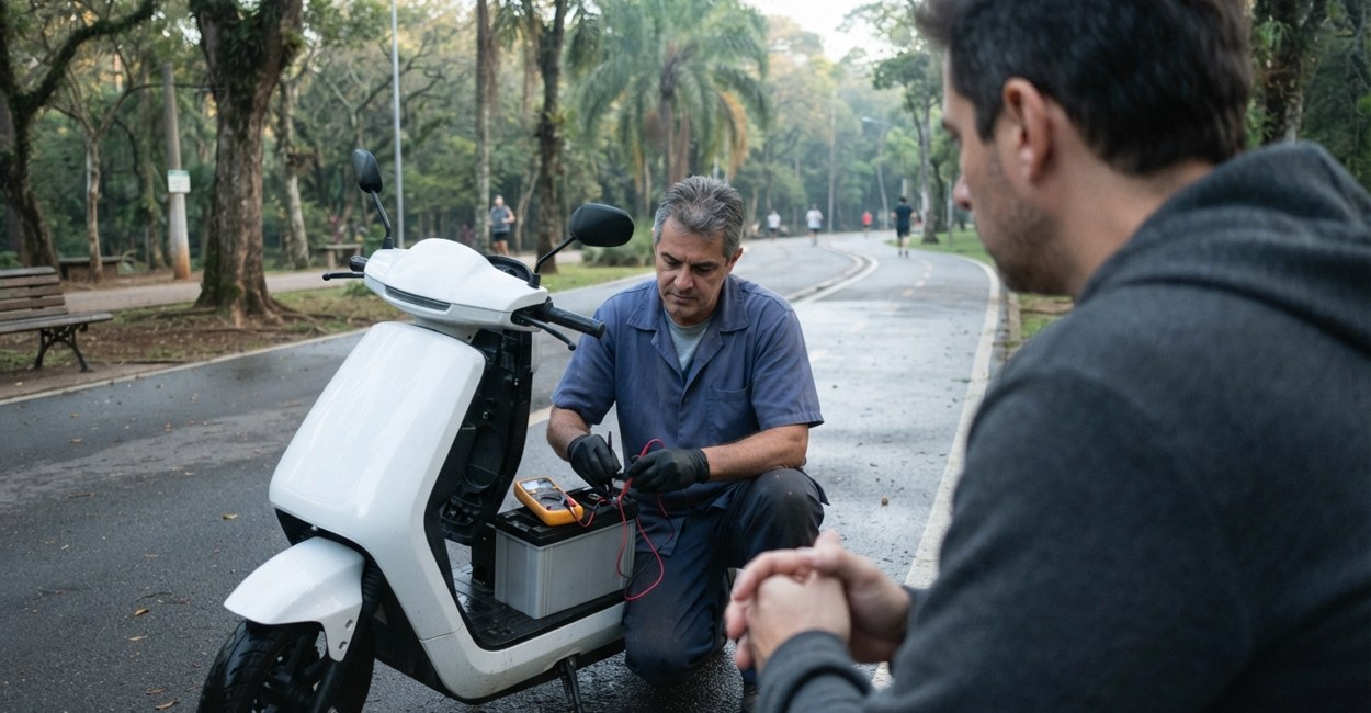 Mecânico mede com multímetro a bateria de uma scooter elétrica branca enquanto o dono observa preocupado