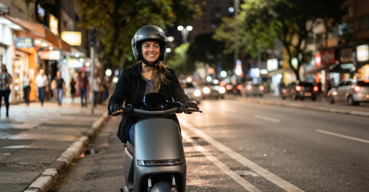 Mulher de capacete sorri ao conduzir uma scooter elétrica cinza por uma avenida da cidade à noite