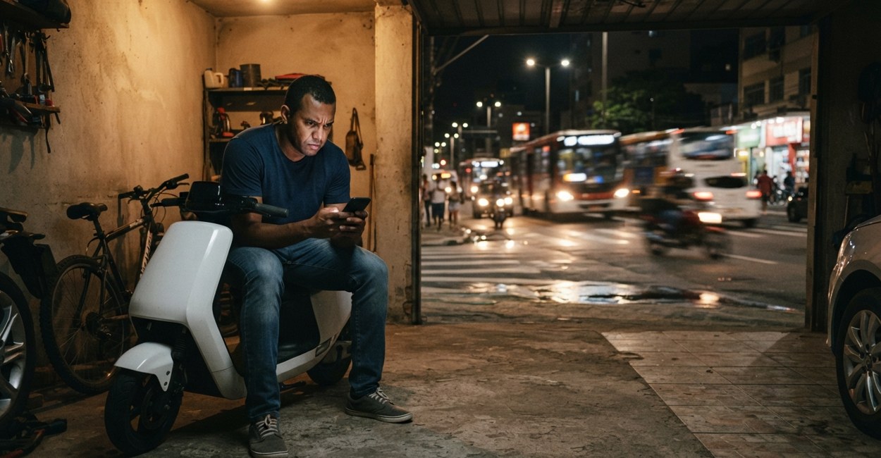 Homem preocupado confere o celular sentado numa scooter elétrica branca na garagem de casa