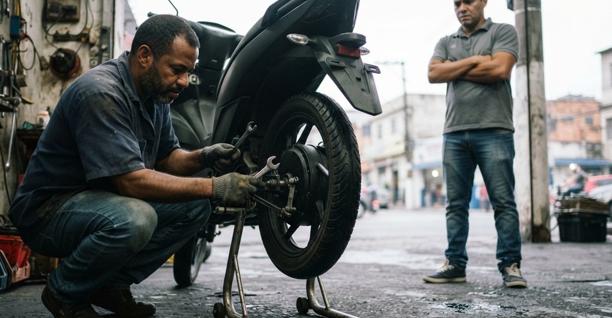 Mecânico examina a roda traseira de uma moto elétrica enquanto o dono observa