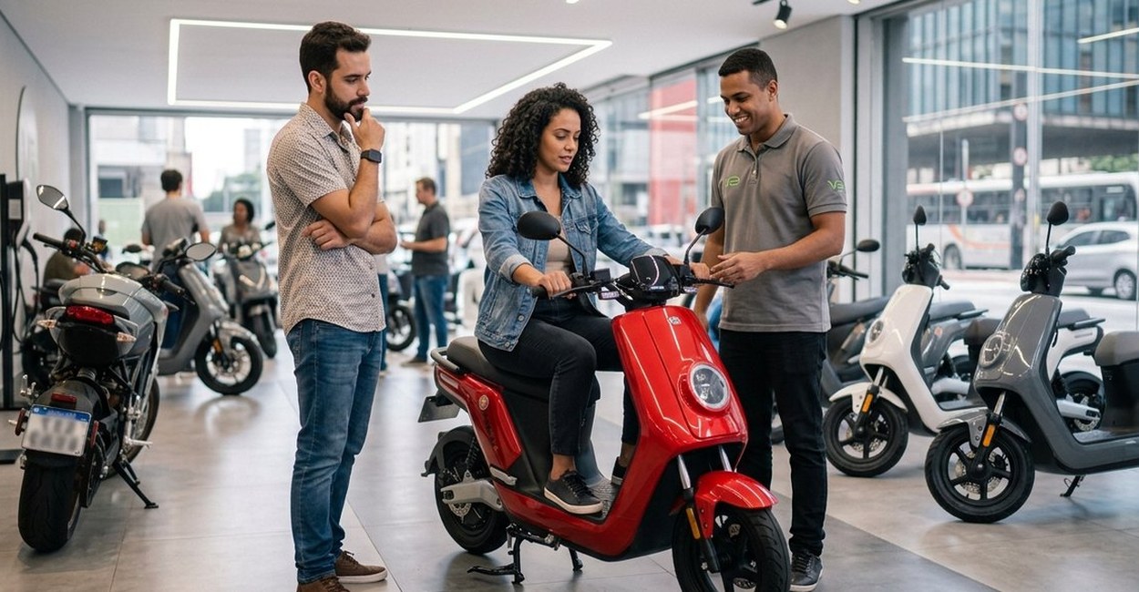 Casal escolhe scooter elétrica numa loja com vendedor