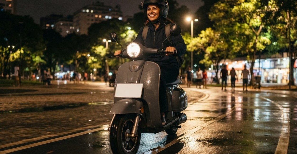 Mulher sorri pilotando scooter elétrica numa rua molhada à noite